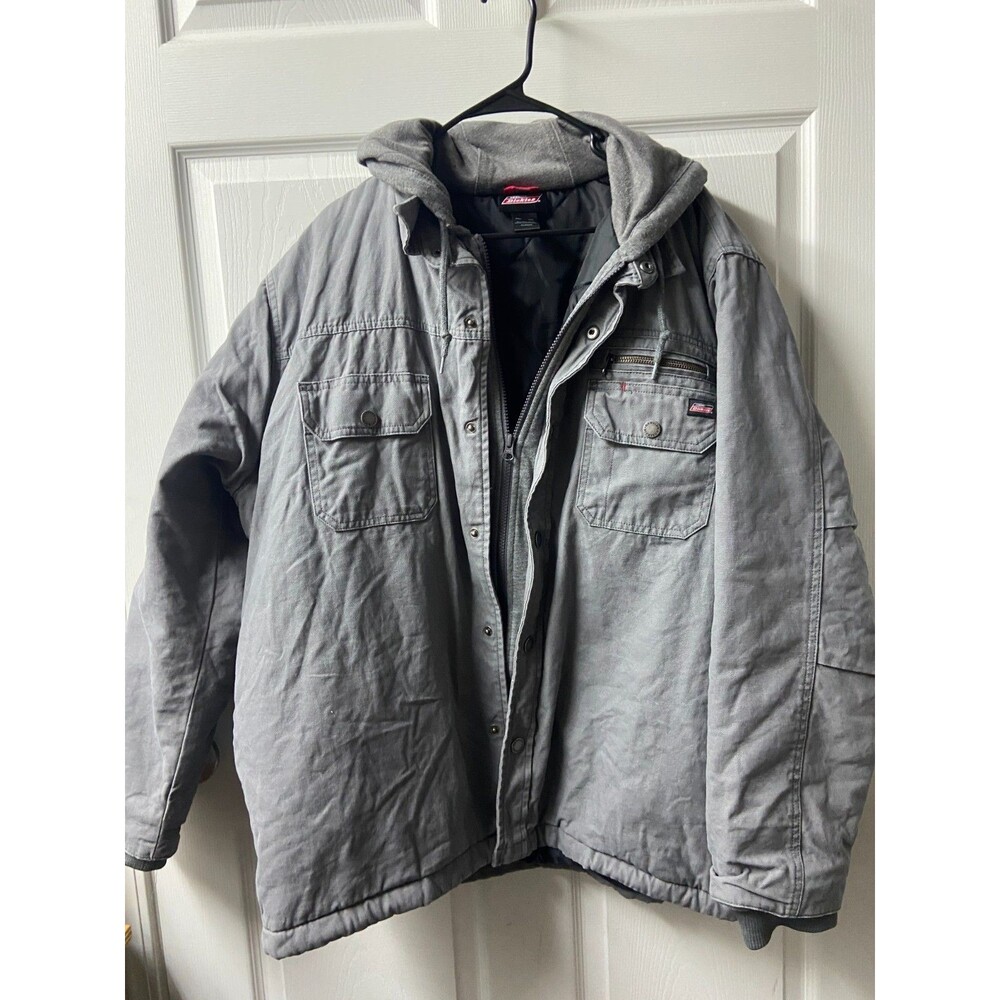 Dickies Mens Gray Insulated Work Canvas Hooded Jacket Zip & Snap 2X Outdoors